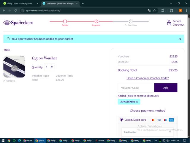 SpaSeekers checkout page showing SpaSeekers promo code box | Screenshot taken by SimplyCodes community member on Aug 4, 2025