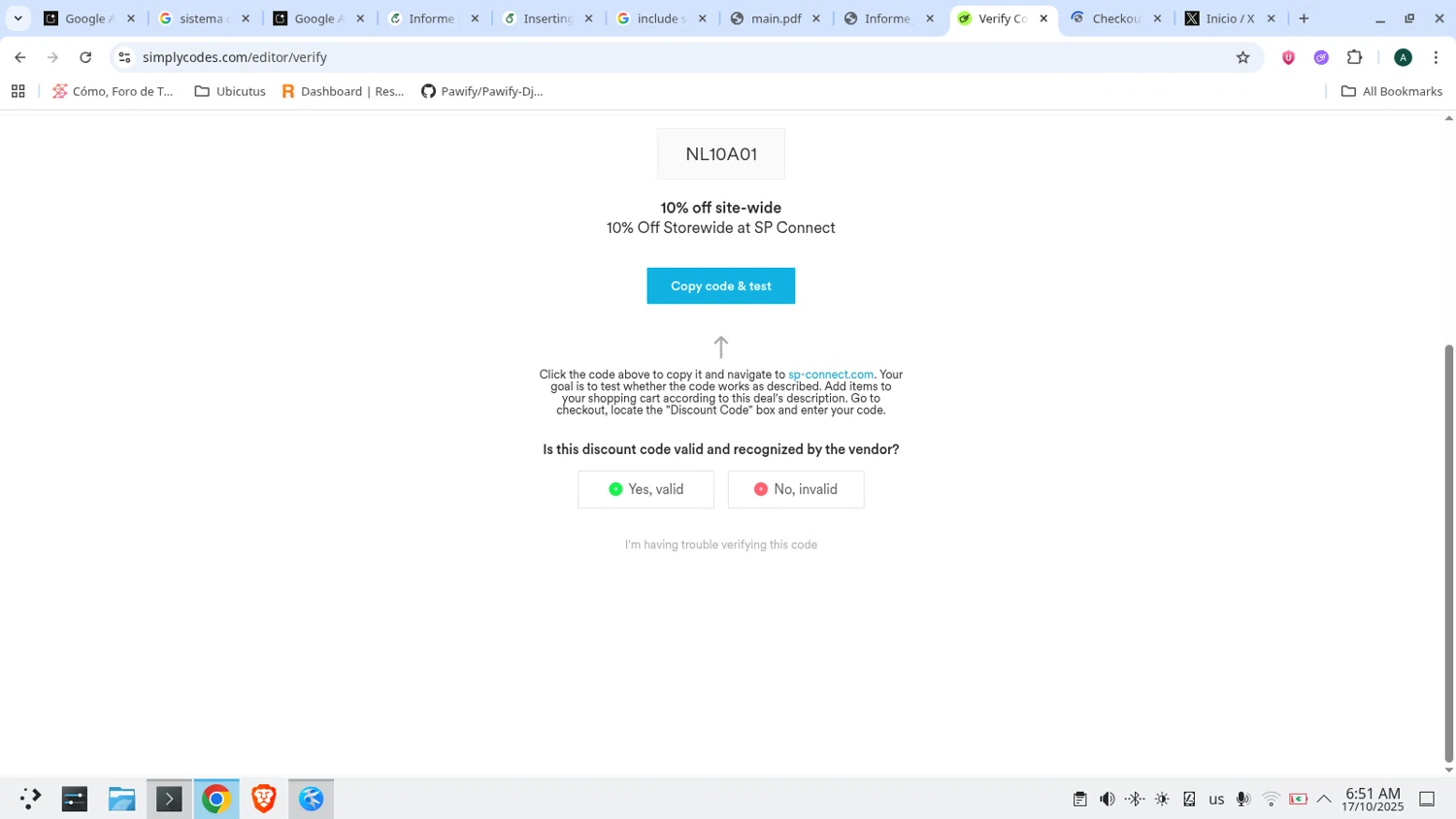 SP Connect discount code screenshot showing code NL10A01 applied at SP Connect checkout page. Uploaded by SimplyCodes community member admeneses on Oct 17, 2025