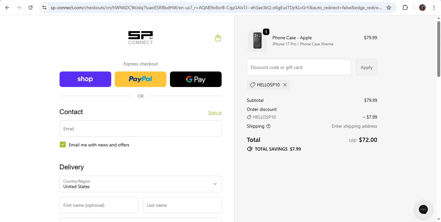 SP Connect discount code screenshot showing code HELLOSP10 applied at SP Connect checkout page. Uploaded by SimplyCodes community member Niideamrk on Dec 9, 2025