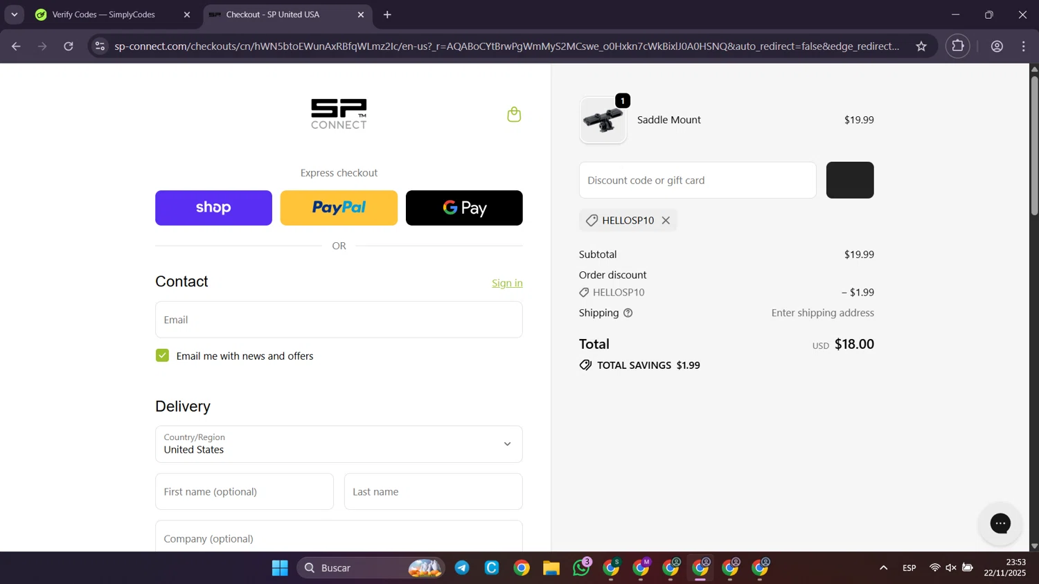 SP Connect discount code screenshot showing code HELLOSP10 applied at SP Connect checkout page. Uploaded by SimplyCodes community member Puppet on Nov 23, 2025