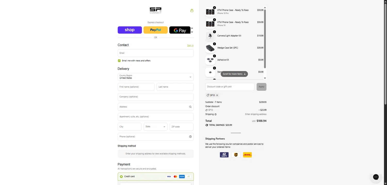 SP Connect discount code screenshot showing code SP10 applied at SP Connect checkout page. Uploaded by SimplyCodes community member QuestKnight7206 on Feb 8, 2026
