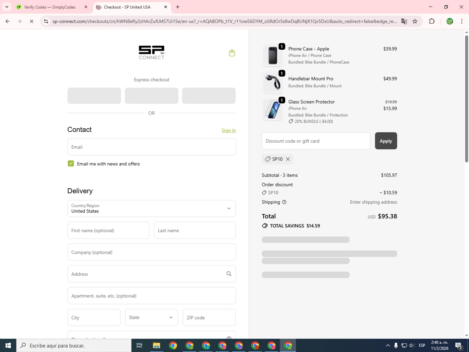 SP Connect discount code screenshot showing code SP10 applied at SP Connect checkout page. Uploaded by SimplyCodes community member SwiftChaser6655 on Feb 11, 2026