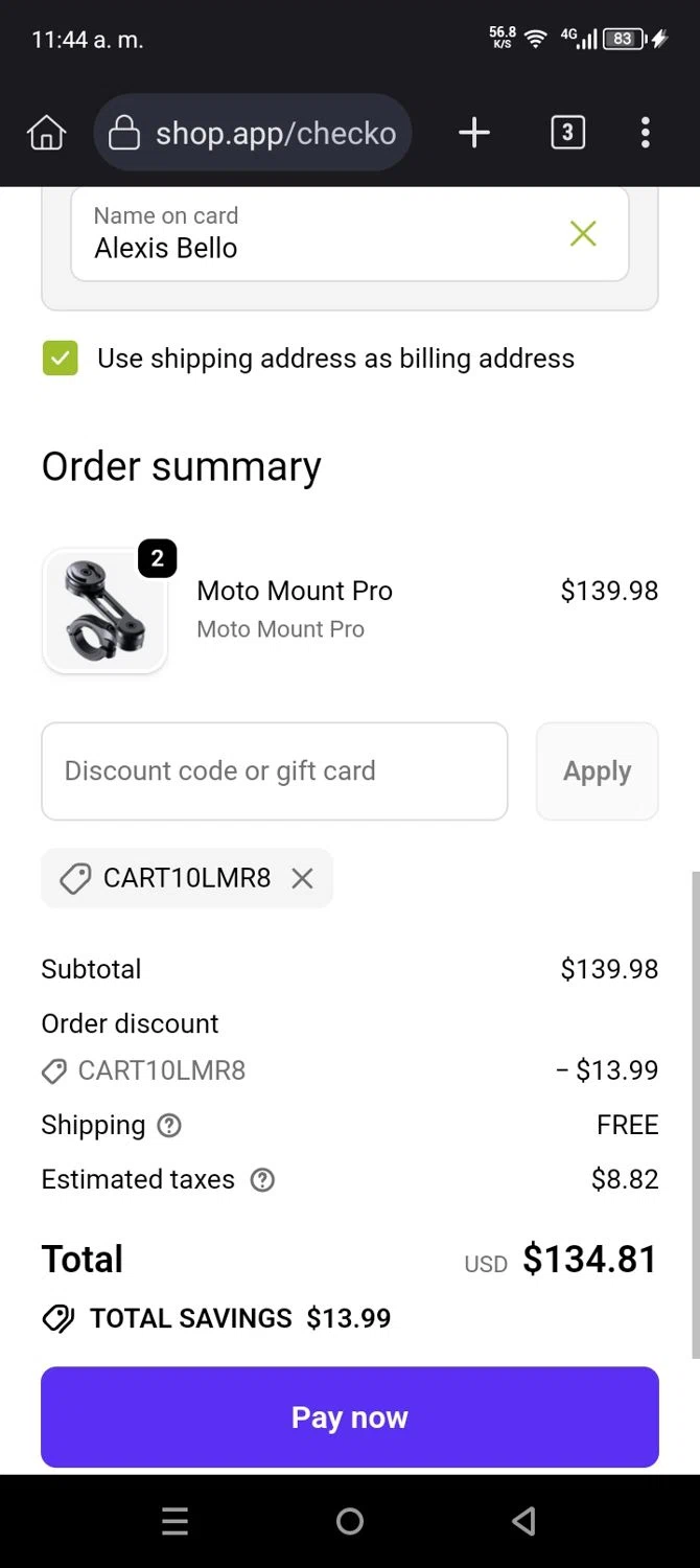 SP Connect discount code screenshot showing code CART10LMR8 applied at SP Connect checkout page. Uploaded by SimplyCodes community member BrilliantHero1199 on Oct 30, 2025