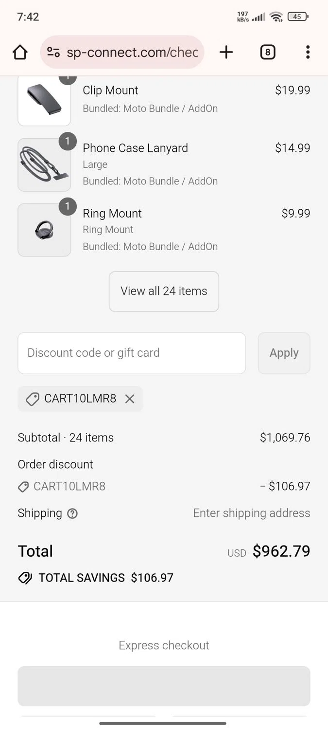 SP Connect discount code screenshot showing code CART10LMR8 applied at SP Connect checkout page. Uploaded by SimplyCodes community member Esteban on Aug 15, 2025