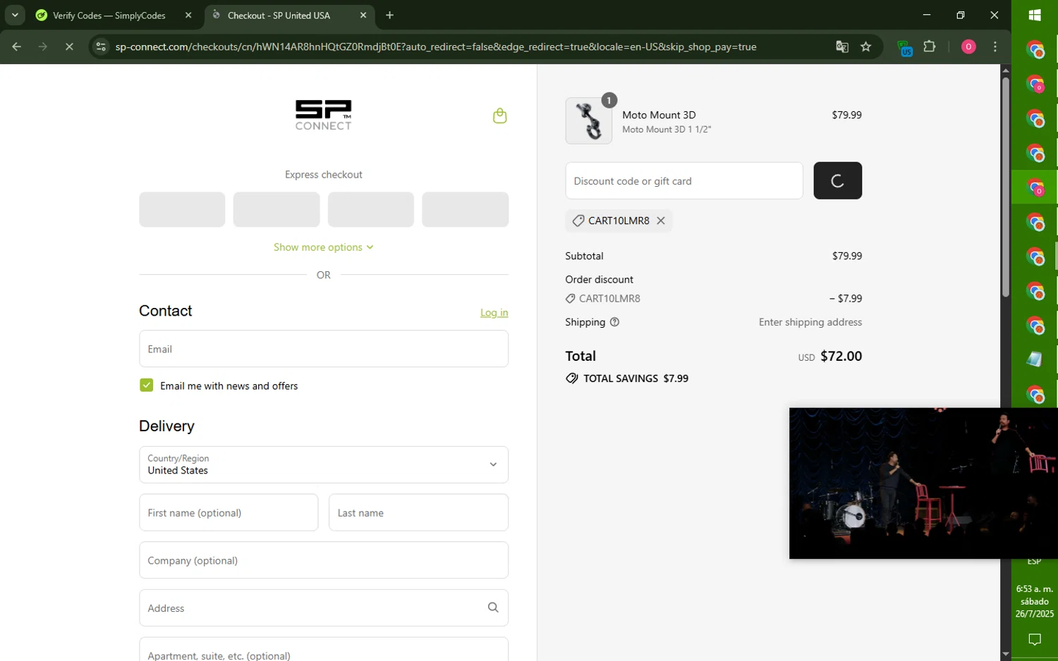 SP Connect discount code screenshot showing code CART10LMR8 applied at SP Connect checkout page. Uploaded by SimplyCodes community member LegendaryRanger6350 on Jul 26, 2025