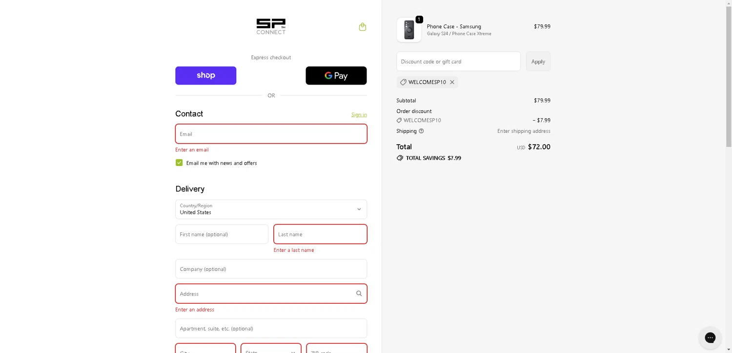 SP Connect discount code screenshot showing code WELCOMESP10 applied at SP Connect checkout page. Uploaded by SimplyCodes community member ExtraordinaryMaven3628 on Oct 30, 2025
