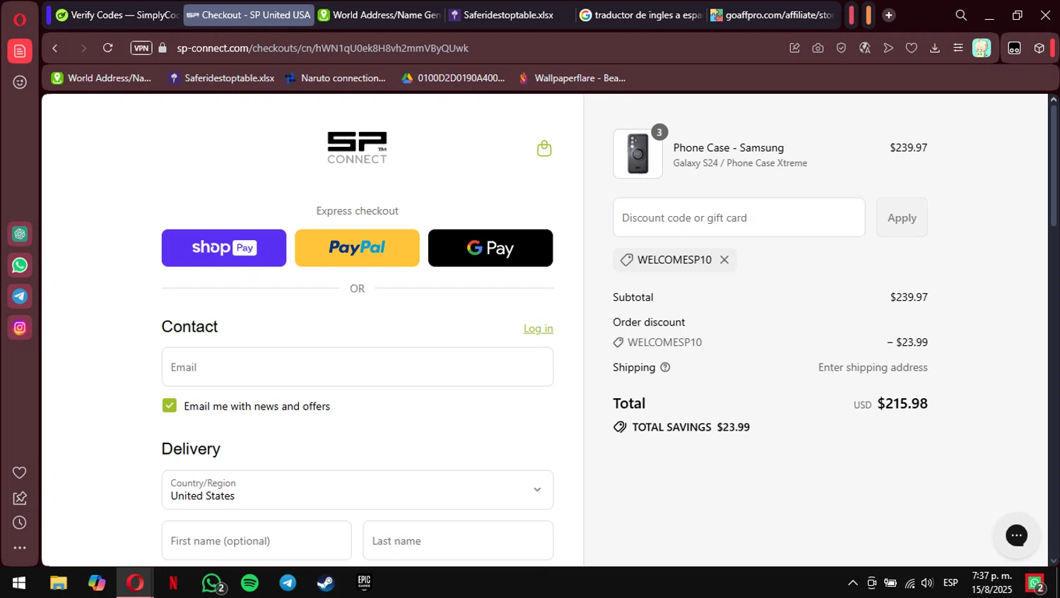 SP Connect discount code screenshot showing code WELCOMESP10 applied at SP Connect checkout page. Uploaded by SimplyCodes community member MimusukyNara on Aug 15, 2025