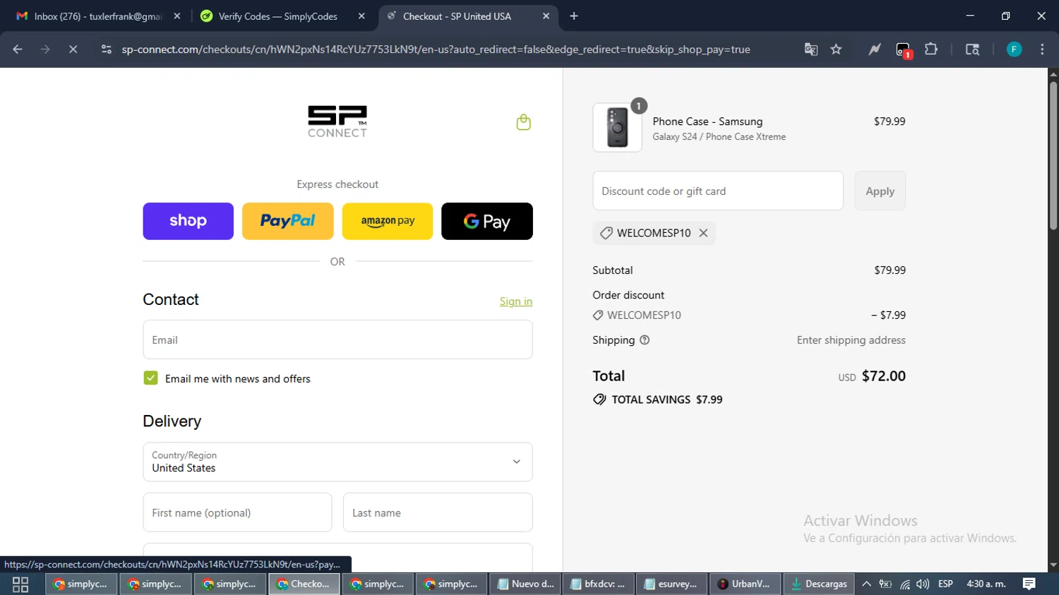 SP Connect discount code screenshot showing code WELCOMESP10 applied at SP Connect checkout page. Uploaded by SimplyCodes community member ShrewdTitan3233 on Sep 11, 2025