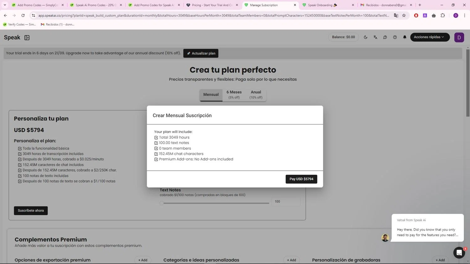 Speak Ai promo code screenshot showing code DESCOUNT10 applied at Speak Ai checkout page. Uploaded by SimplyCodes community member RebateTiger7896 on Sep 15, 2024