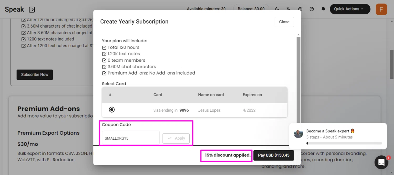 Speak Ai promo code screenshot showing code SMALLORG15 applied at Speak Ai checkout page. Uploaded by SimplyCodes community member mariaelopez09 on Oct 30, 2024