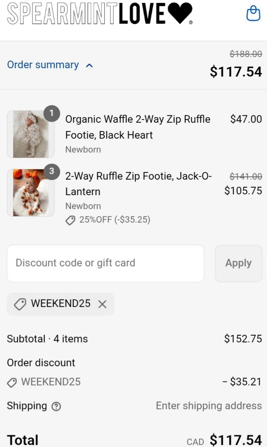Spearmint Love promo code screenshot showing code WEEKEND25 applied at Spearmint Love checkout page. Uploaded by SimplyCodes community member ValiantCurator3344 on Aug 29, 2025