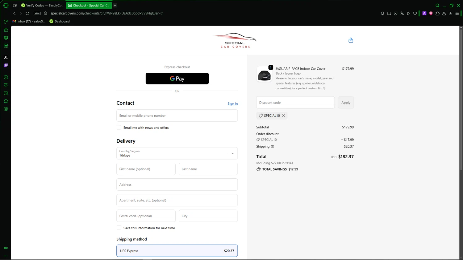 Special Car Covers promo code screenshot showing code SPECIAL10 applied at Special Car Covers checkout page. Uploaded by SimplyCodes community member LegendaryCaptain2435 on Mar 15, 2026