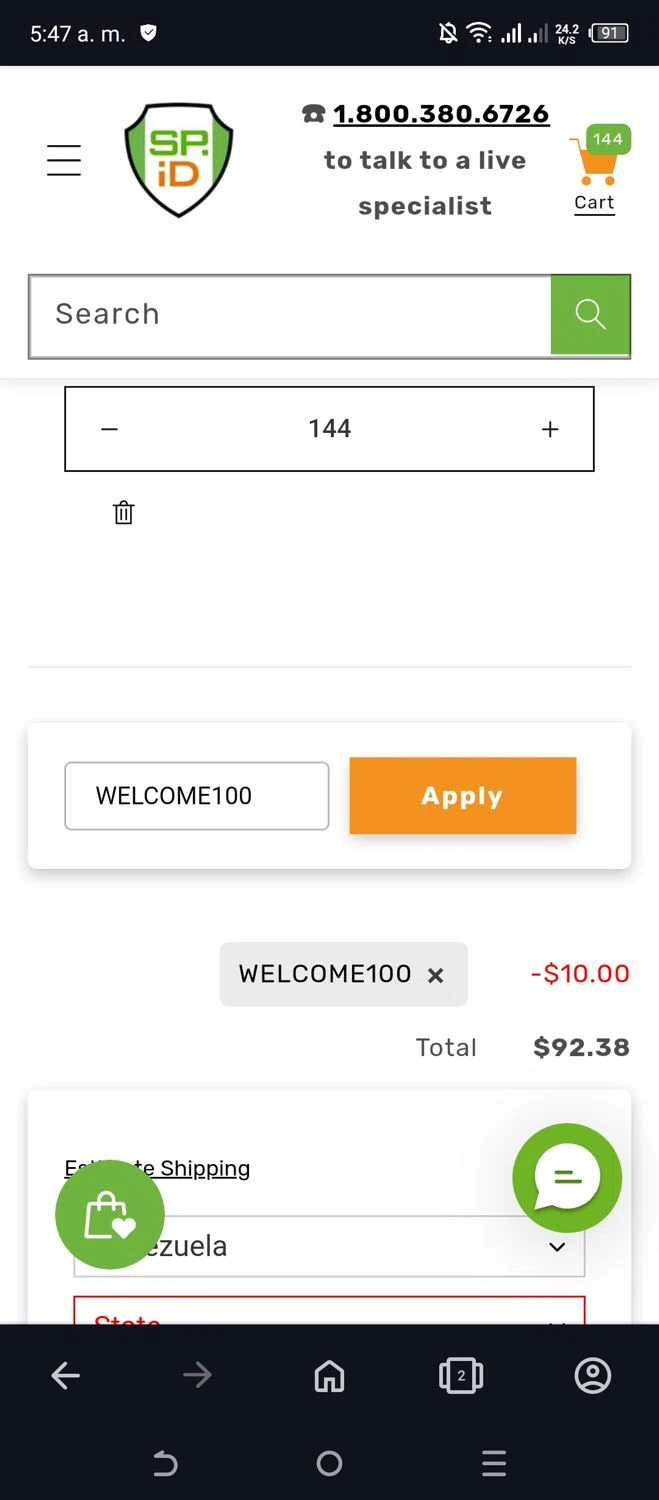 Specialist ID discount code screenshot showing code WELCOME100 applied at Specialist ID checkout page. Uploaded by SimplyCodes community member Beaaalmera on Mar 9, 2025