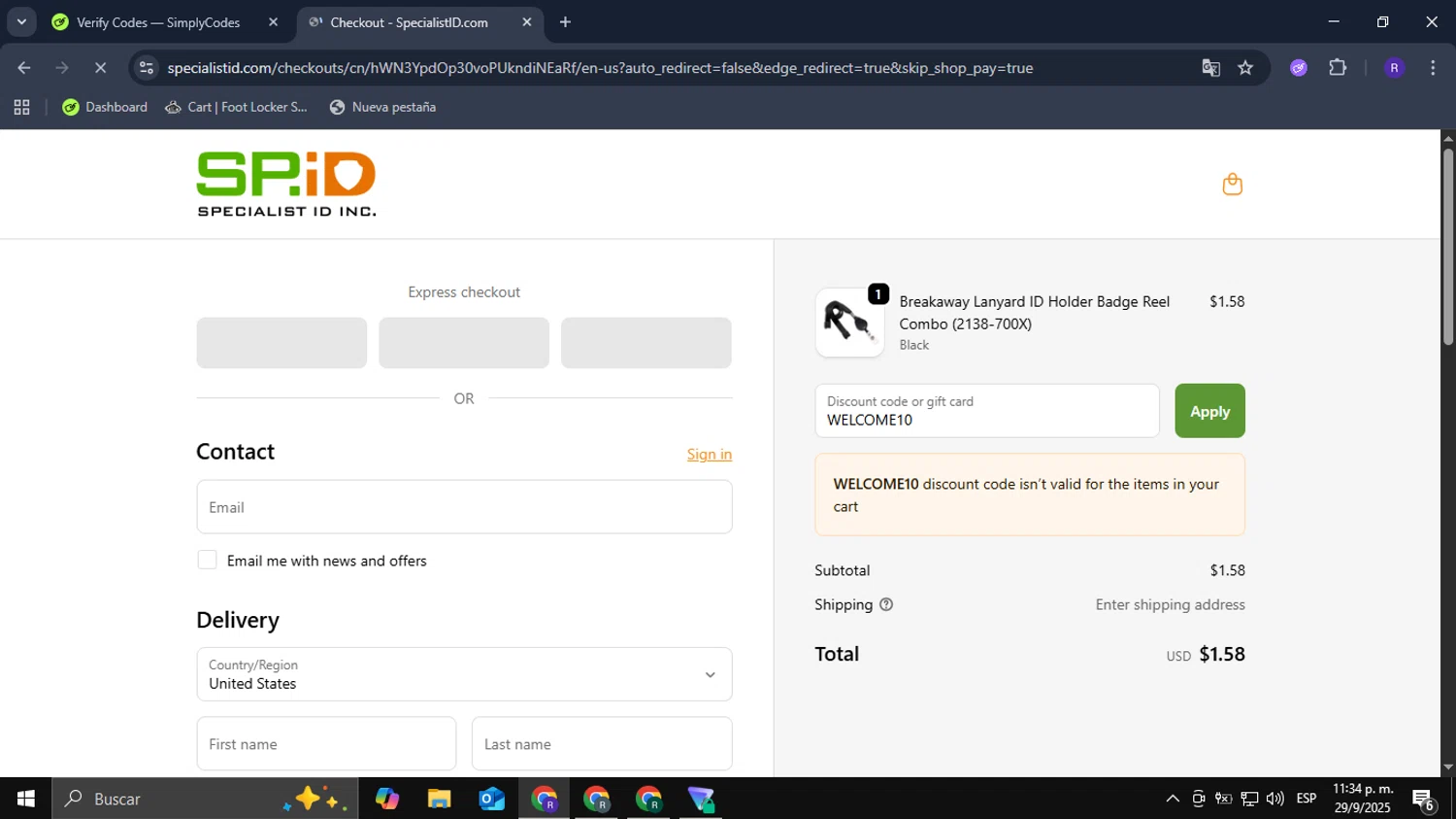 Specialist ID discount code screenshot showing code WELCOME10 applied at Specialist ID checkout page. Uploaded by SimplyCodes community member Mykeusername on Sep 30, 2025