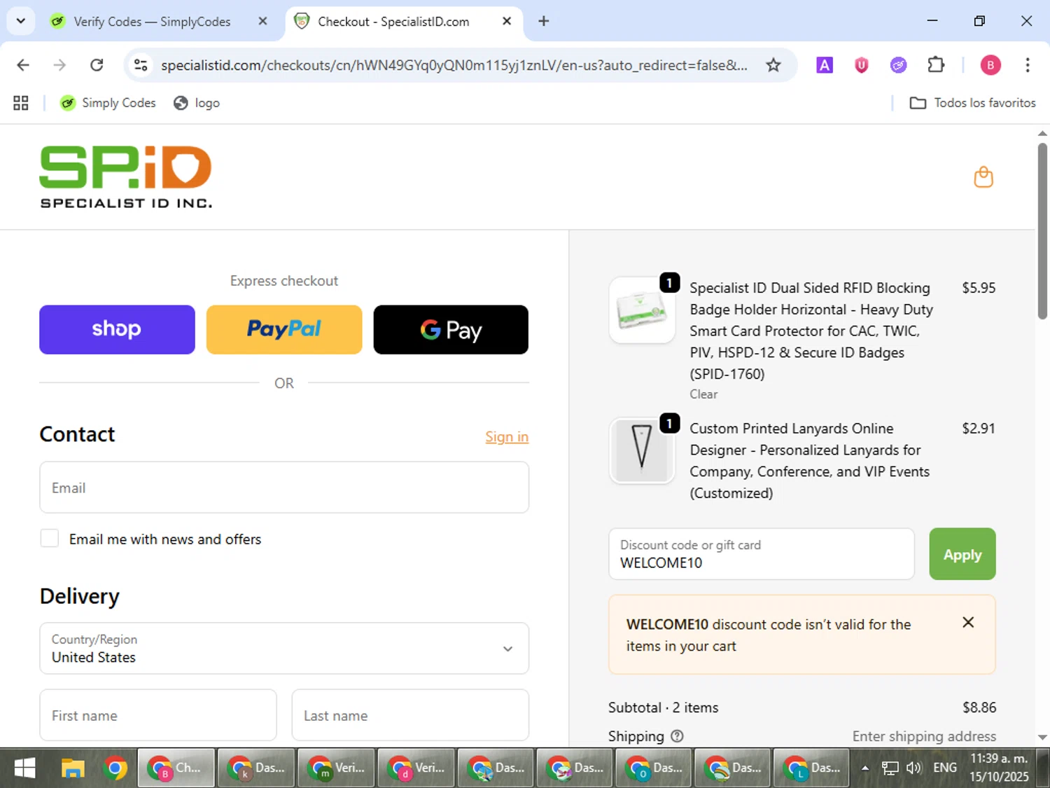 Specialist ID discount code screenshot showing code WELCOME10 applied at Specialist ID checkout page. Uploaded by SimplyCodes community member bombontropical on Oct 15, 2025