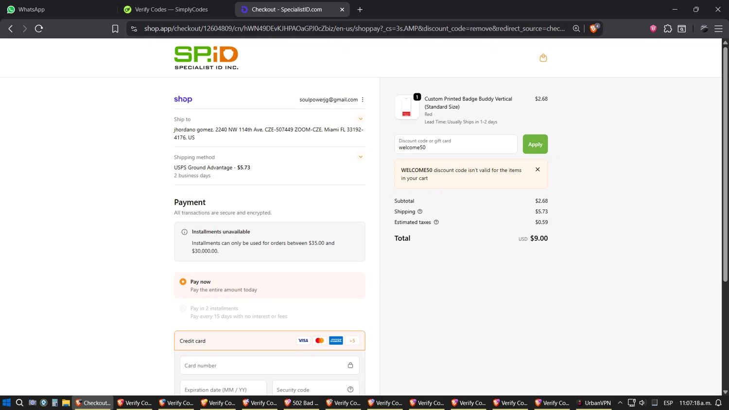 Specialist ID discount code screenshot showing code welcome50 applied at Specialist ID checkout page. Uploaded by SimplyCodes community member SimplyGOAT on Oct 15, 2025