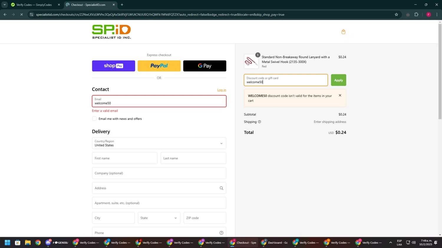 Specialist ID discount code screenshot showing code welcome50 applied at Specialist ID checkout page. Uploaded by SimplyCodes community member ExtraordinaryVirtuoso281 on Feb 10, 2025