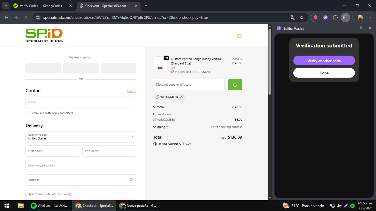 Specialist ID discount code screenshot showing code welcome50 applied at Specialist ID checkout page. Uploaded by SimplyCodes community member jesusguqnipa on Sep 30, 2025