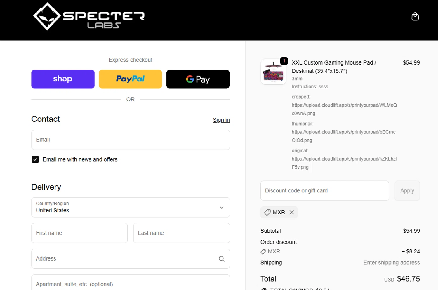 Specter Labs discount code screenshot showing code MXR applied at Specter Labs checkout page. Uploaded by SimplyCodes community member DiscountVoyager9396 on Nov 4, 2025