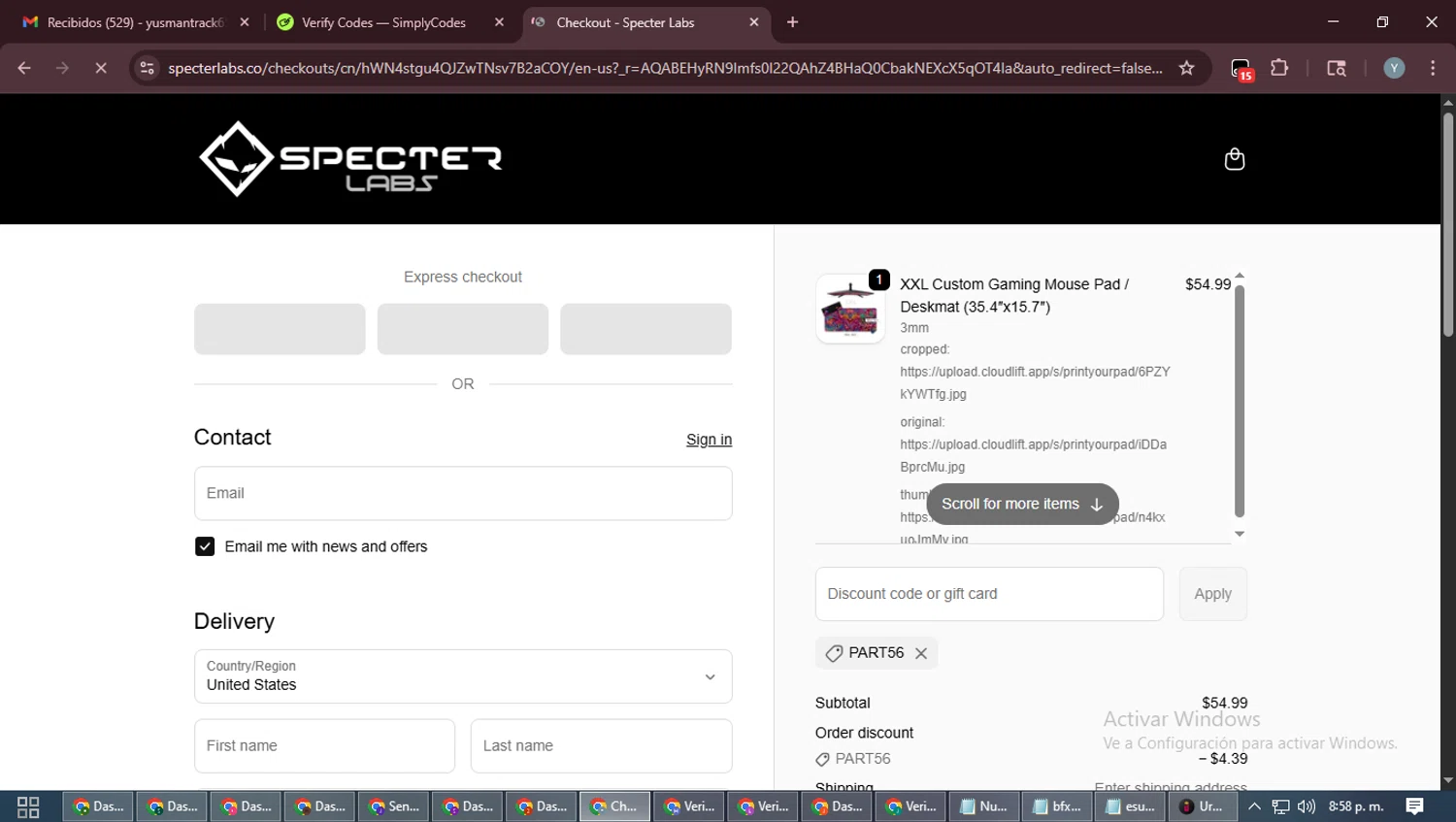 Specter Labs discount code screenshot showing code part56 applied at Specter Labs checkout page. Uploaded by SimplyCodes community member MoneyTiger5162 on Nov 4, 2025