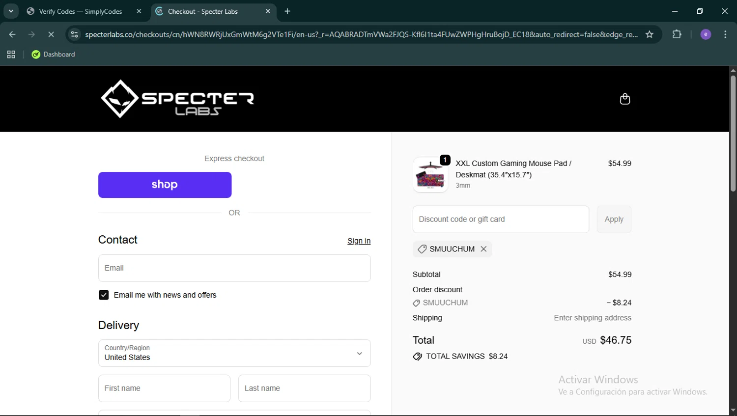 Specter Labs discount code screenshot showing code SMUUCHUM applied at Specter Labs checkout page. Uploaded by SimplyCodes community member Esteban14 on Feb 5, 2026