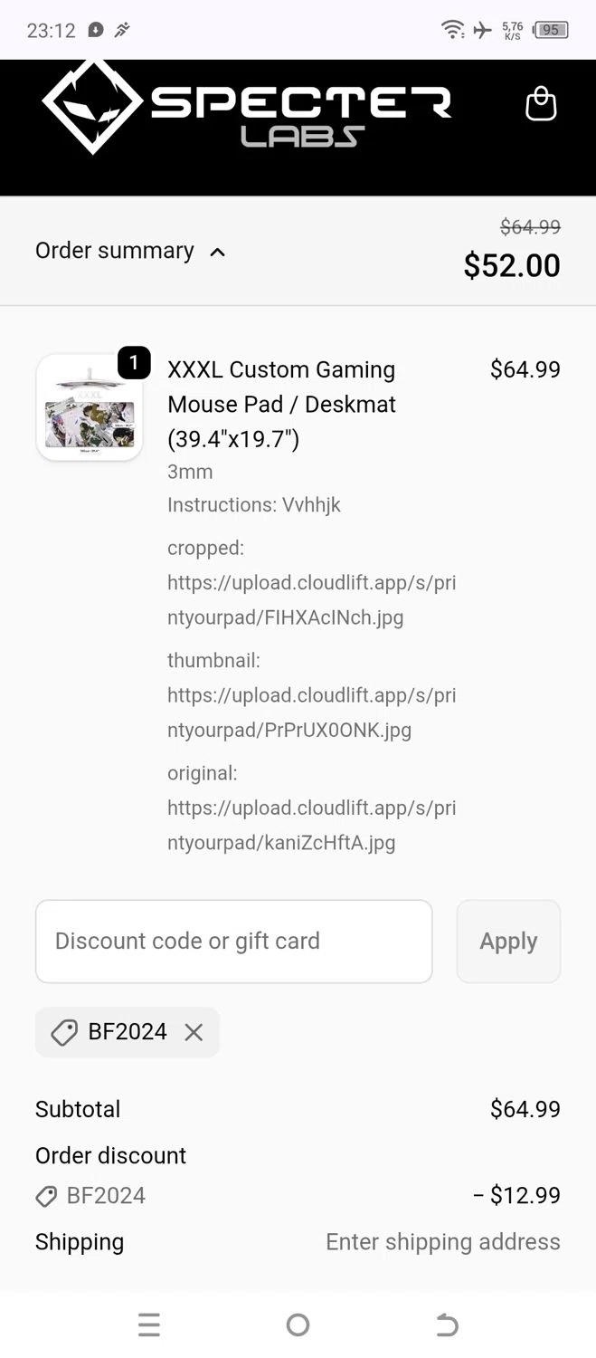 Specter Labs discount code screenshot showing code BF2024 applied at Specter Labs checkout page. Uploaded by SimplyCodes community member WonderW on Nov 10, 2025