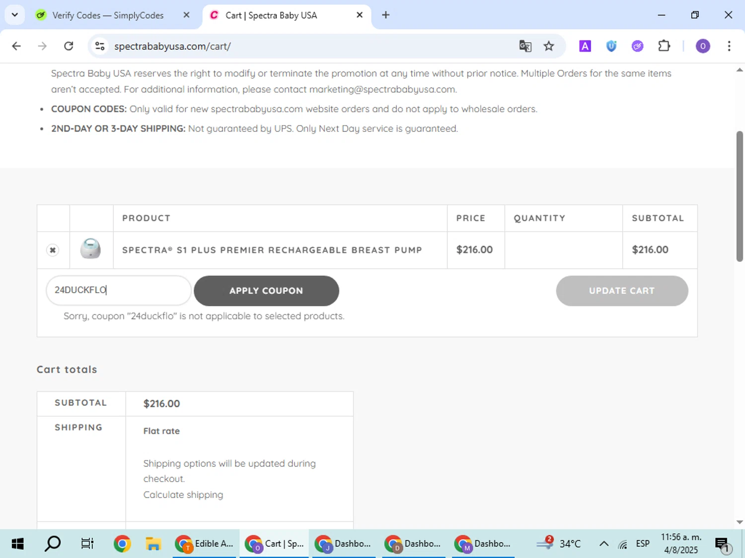 Spectra Baby USA coupon code screenshot showing code 24DUCKFLO applied at Spectra Baby USA checkout page. Uploaded by SimplyCodes community member BudgetHawk9503 on Aug 4, 2025