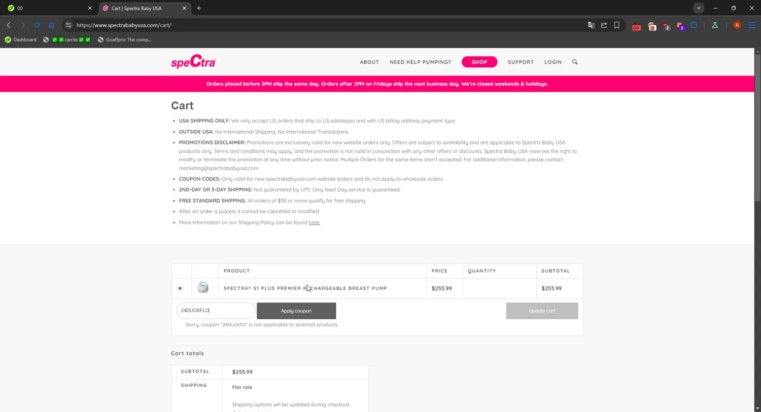 Spectra Baby USA coupon code screenshot showing code 24DUCKFLO applied at Spectra Baby USA checkout page. Uploaded by SimplyCodes community member SavvyFinder1532 on Oct 14, 2025
