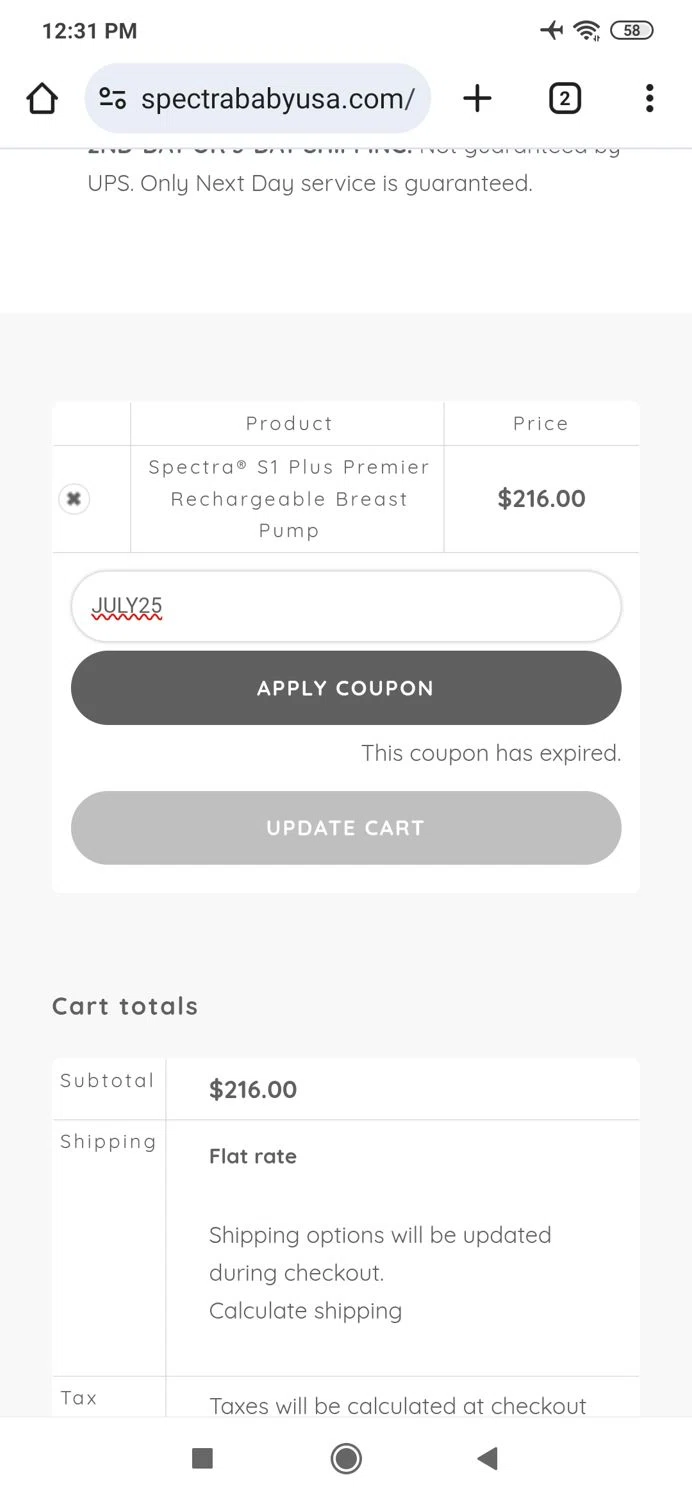 Spectra Baby USA coupon code screenshot showing code JULY25 applied at Spectra Baby USA checkout page. Uploaded by SimplyCodes community member MightyBoss9975 on Aug 4, 2025