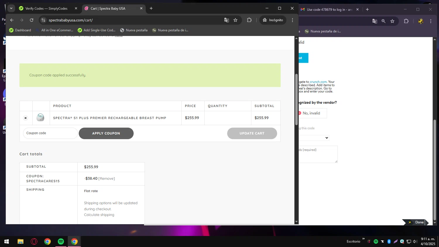 Spectra Baby USA coupon code screenshot showing code spectracares15 applied at Spectra Baby USA checkout page. Uploaded by SimplyCodes community member CrownCollector9208 on Oct 4, 2025