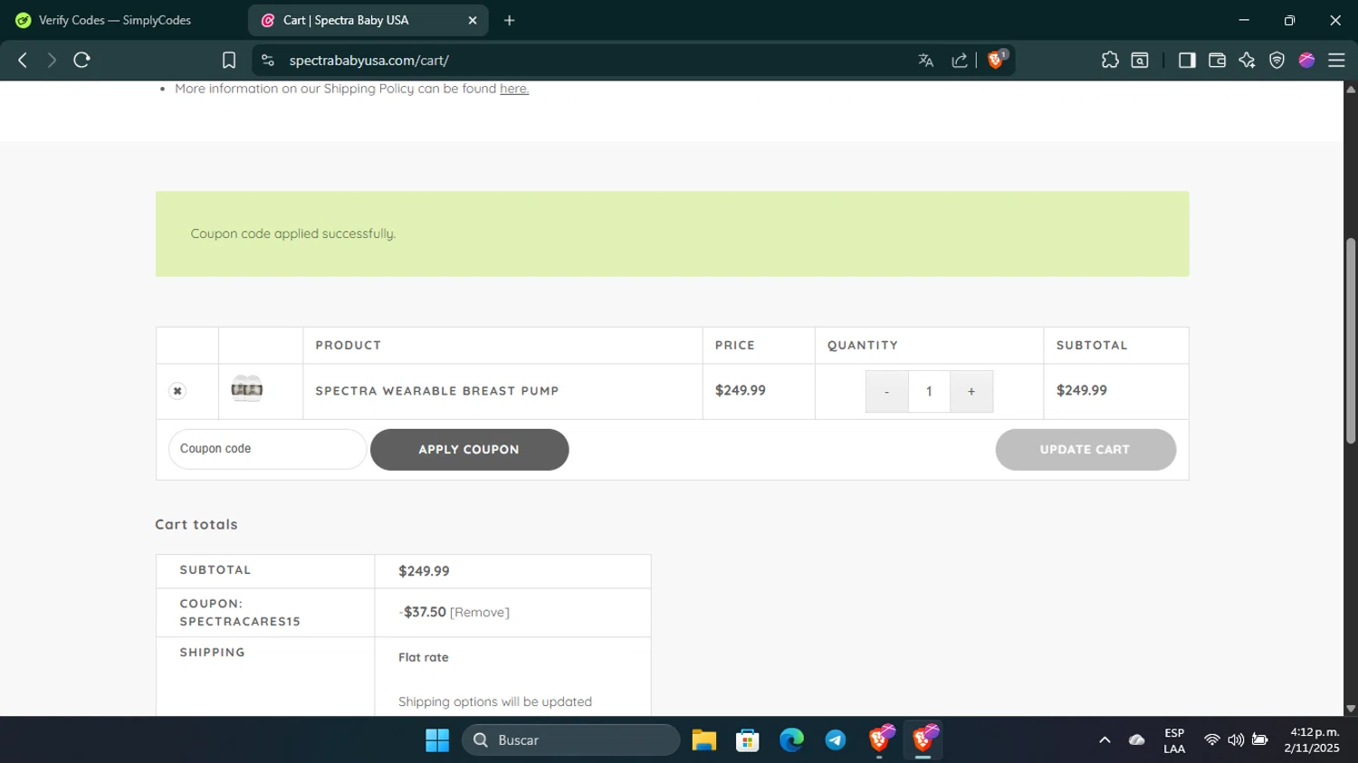 Spectra Baby USA coupon code screenshot showing code spectracares15 applied at Spectra Baby USA checkout page. Uploaded by SimplyCodes community member Guacamole_Picante on Nov 2, 2025