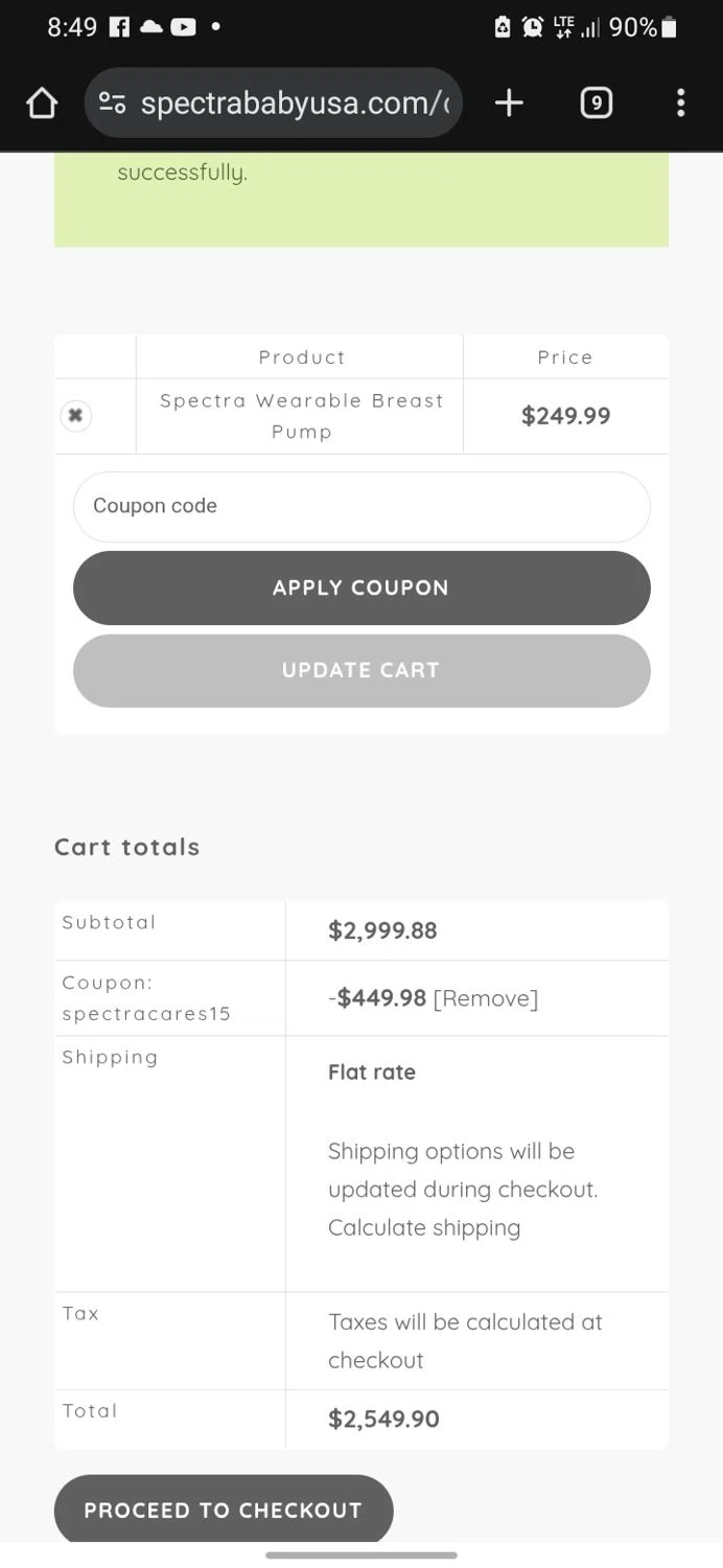 Spectra Baby USA coupon code screenshot showing code spectracares15 applied at Spectra Baby USA checkout page. Uploaded by SimplyCodes community member miguelcrast on Dec 2, 2025
