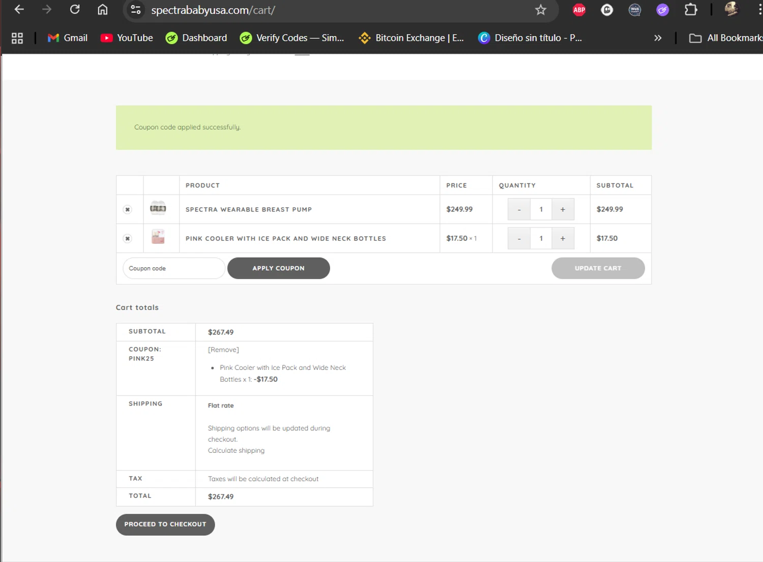 Spectra Baby USA coupon code screenshot showing code pink25 applied at Spectra Baby USA checkout page. Uploaded by SimplyCodes community member LiShang on Oct 8, 2025