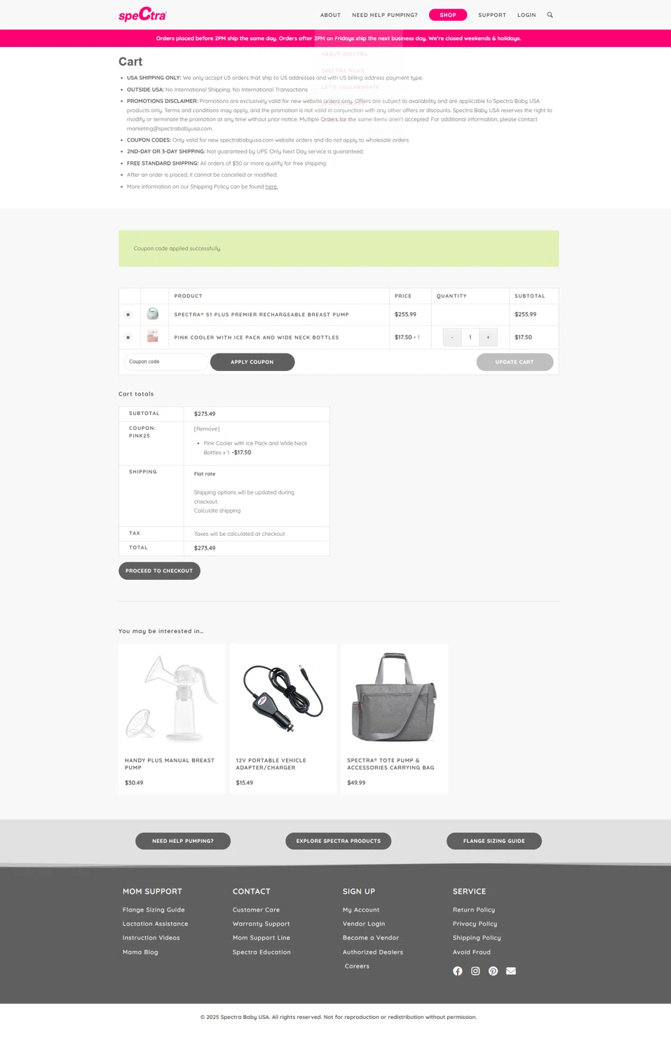 Spectra Baby USA coupon code screenshot showing code pink25 applied at Spectra Baby USA checkout page. Uploaded by SimplyCodes community member Serdanvz on Oct 7, 2025