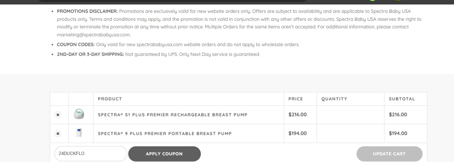 Spectra Baby USA coupon code screenshot showing code 24DUCKFLO applied at Spectra Baby USA checkout page. Uploaded by SimplyCodes community member ashe1986 on Aug 4, 2025