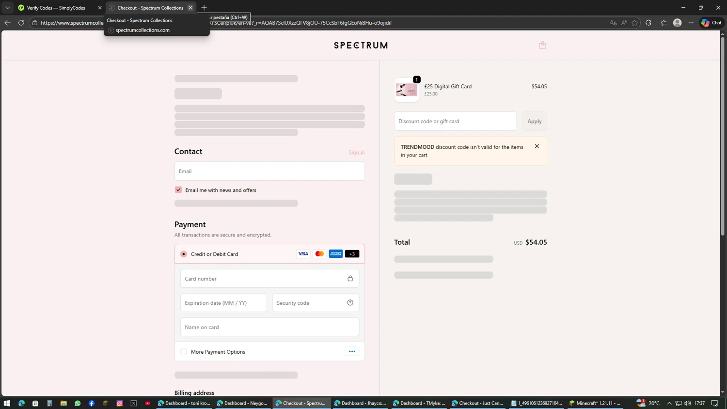 Spectrum Collections checkout page showing Spectrum Collections promo code box | Screenshot taken by SimplyCodes community member on Feb 23, 2026