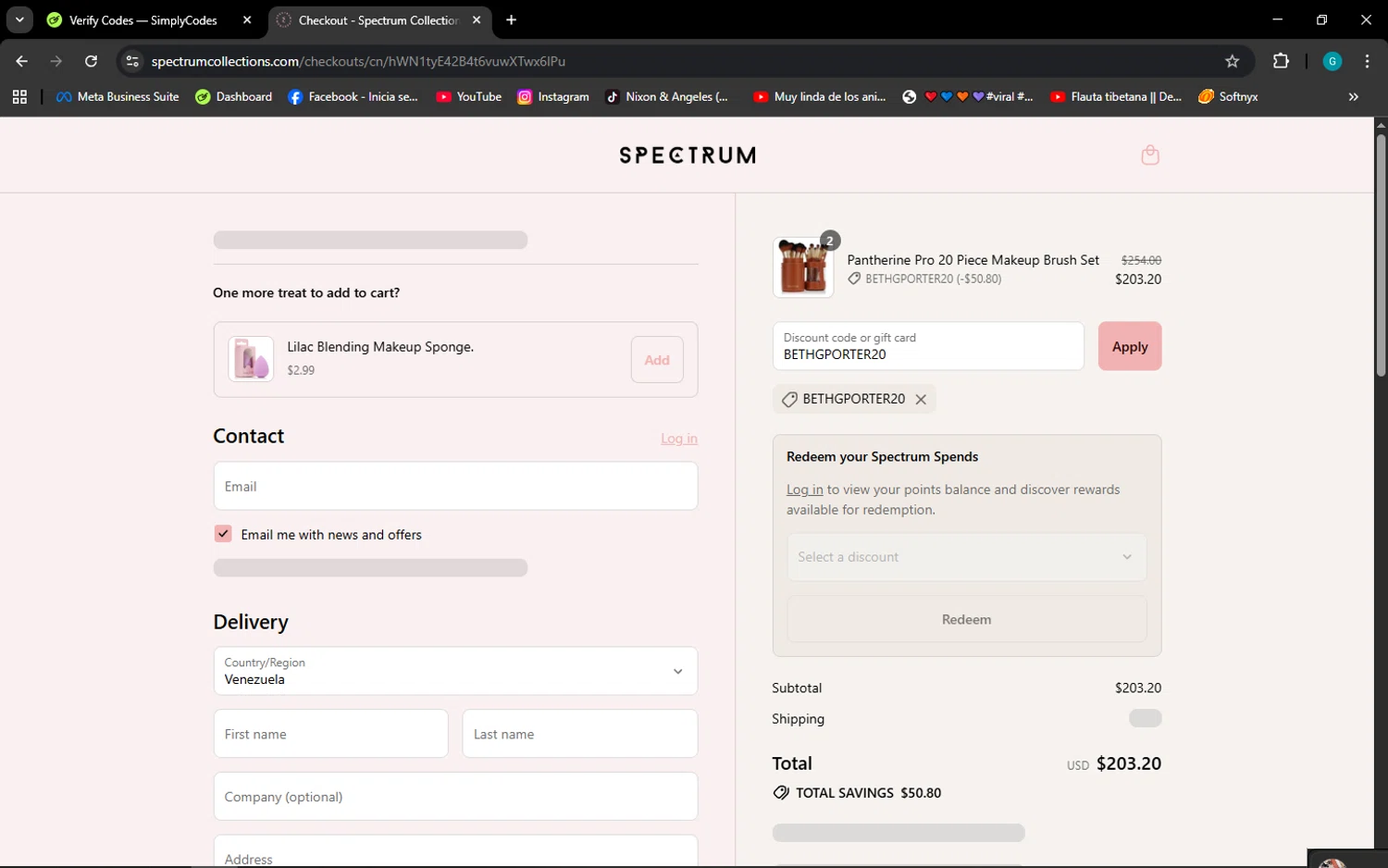 Spectrum Collections promo code screenshot showing code BETHGPORTER20 applied at Spectrum Collections checkout page. Uploaded by SimplyCodes community member ELROJO on Aug 17, 2025