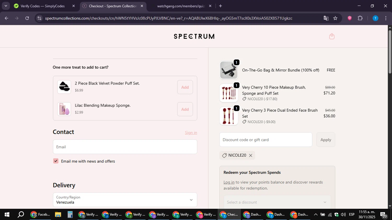 Spectrum Collections promo code screenshot showing code NICOLE20 applied at Spectrum Collections checkout page. Uploaded by SimplyCodes community member hankt1521 on Nov 30, 2025