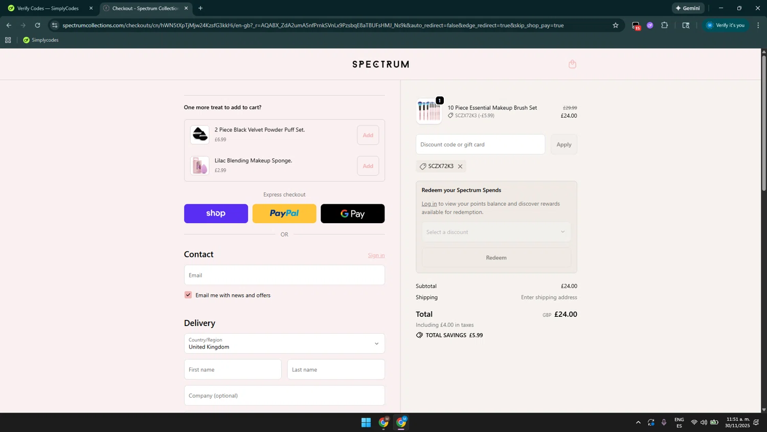 Spectrum Collections promo code screenshot showing code SCZX72K3 applied at Spectrum Collections checkout page. Uploaded by SimplyCodes community member GloriousSaver4644 on Nov 30, 2025