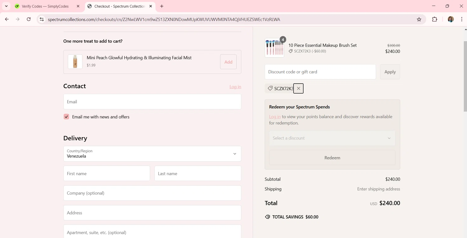 Spectrum Collections promo code screenshot showing code SCZX72K3 applied at Spectrum Collections checkout page. Uploaded by SimplyCodes community member CrownSaver3391 on Jan 31, 2025