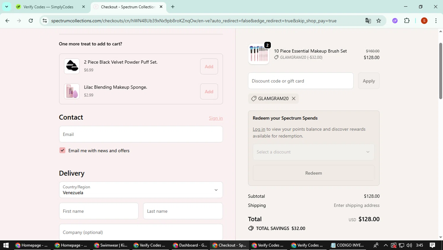 Spectrum Collections promo code screenshot showing code GLAMGRAM20 applied at Spectrum Collections checkout page. Uploaded by SimplyCodes community member CleverTiger4265 on Oct 15, 2025