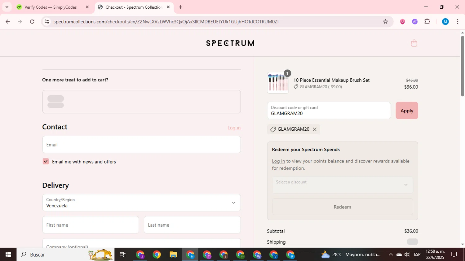 Spectrum Collections promo code screenshot showing code GLAMGRAM20 applied at Spectrum Collections checkout page. Uploaded by SimplyCodes community member LegendaryCurator1585 on Jun 22, 2025