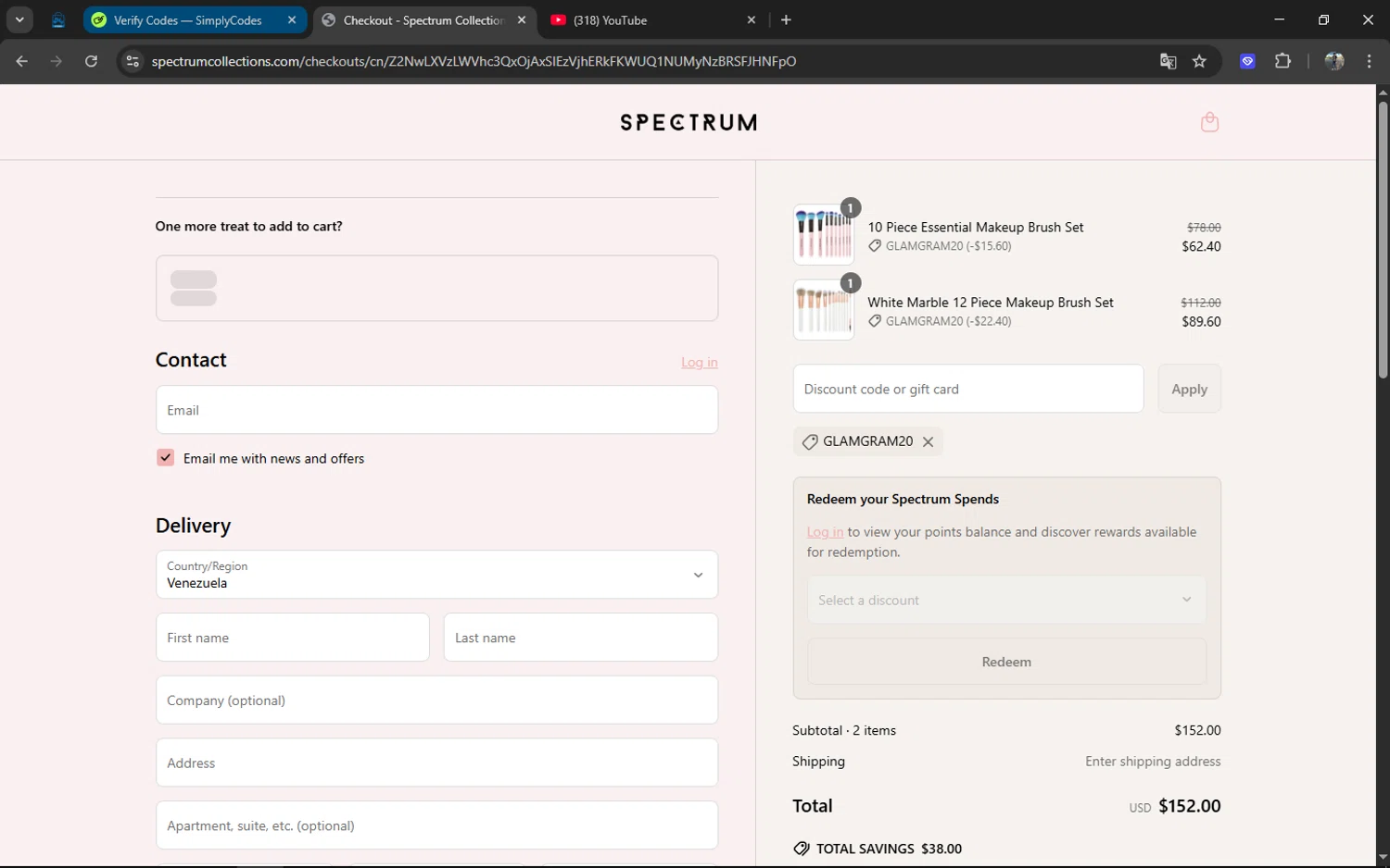 Spectrum Collections promo code screenshot showing code GLAMGRAM20 applied at Spectrum Collections checkout page. Uploaded by SimplyCodes community member XXXTENTACION on Apr 7, 2025
