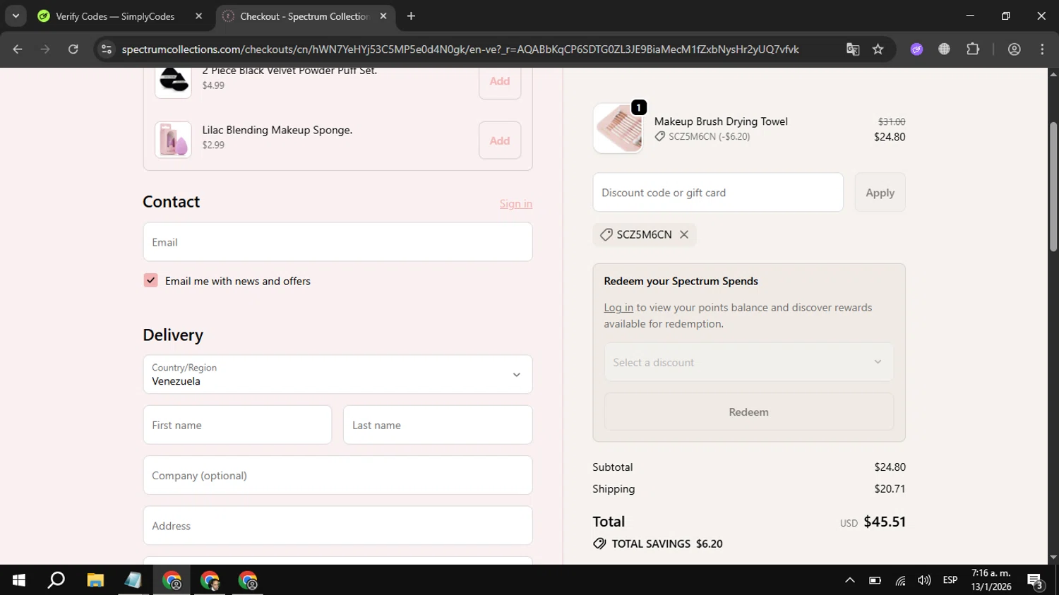 Spectrum Collections checkout page showing Spectrum Collections promo code box | Screenshot taken by SimplyCodes community member on Jan 13, 2026