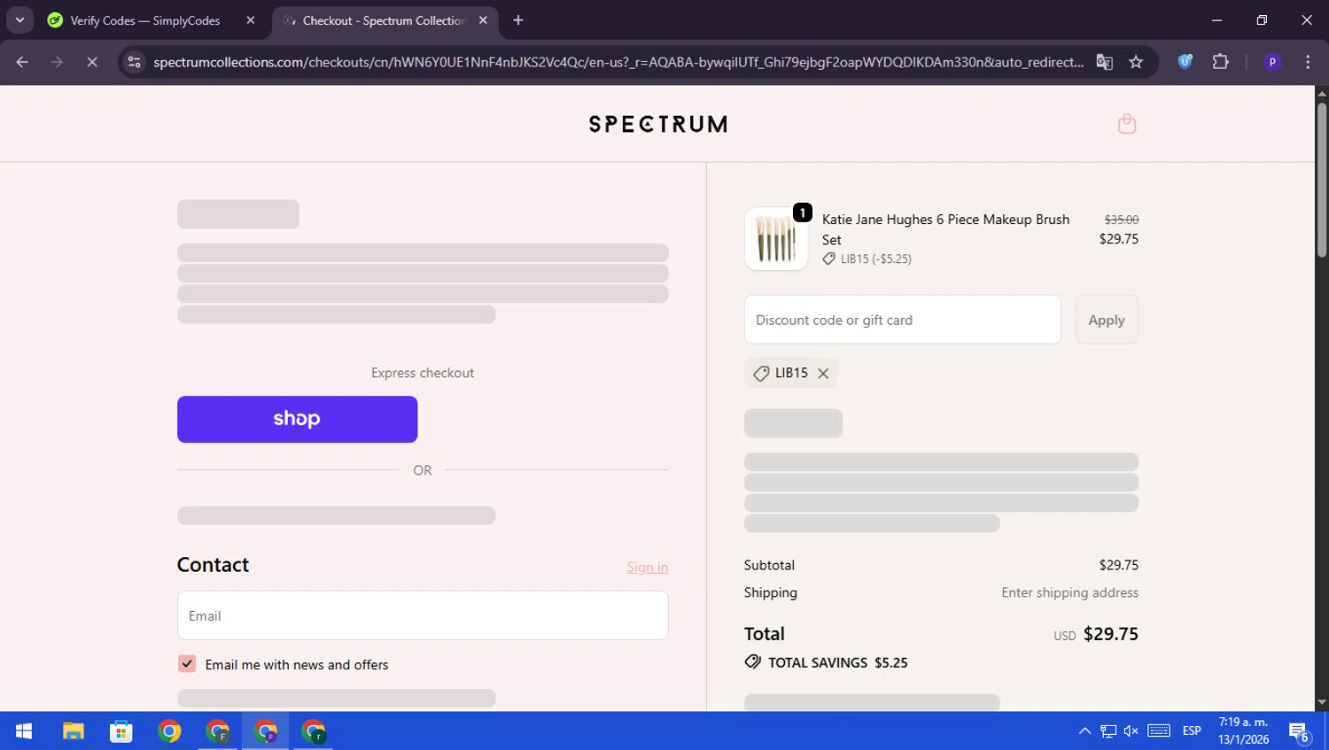 Spectrum Collections checkout page showing Spectrum Collections promo code box | Screenshot taken by SimplyCodes community member on Jan 13, 2026
