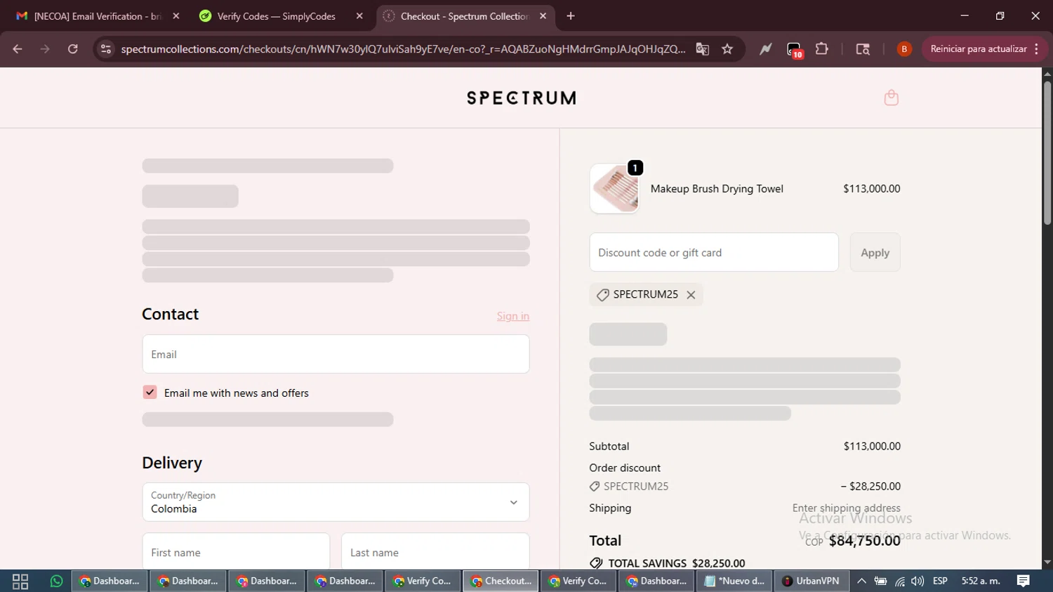 Spectrum Collections promo code screenshot showing code SPECTRUM25 applied at Spectrum Collections checkout page. Uploaded by SimplyCodes community member DiscountExpert6435 on Jan 23, 2026