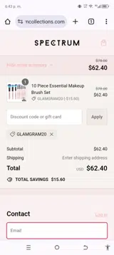 GLAMGRAM20 coupon verification screenshot