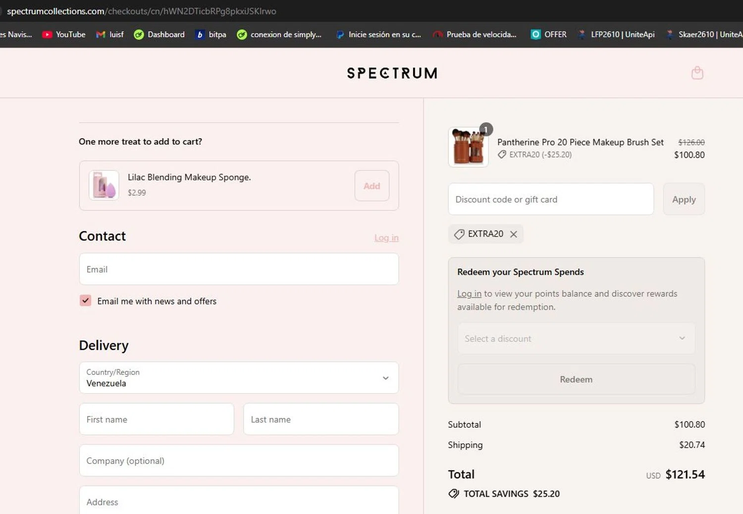 Spectrum Collections promo code screenshot showing code EXTRA20 applied at Spectrum Collections checkout page. Uploaded by SimplyCodes community member lfppernia on Aug 25, 2025