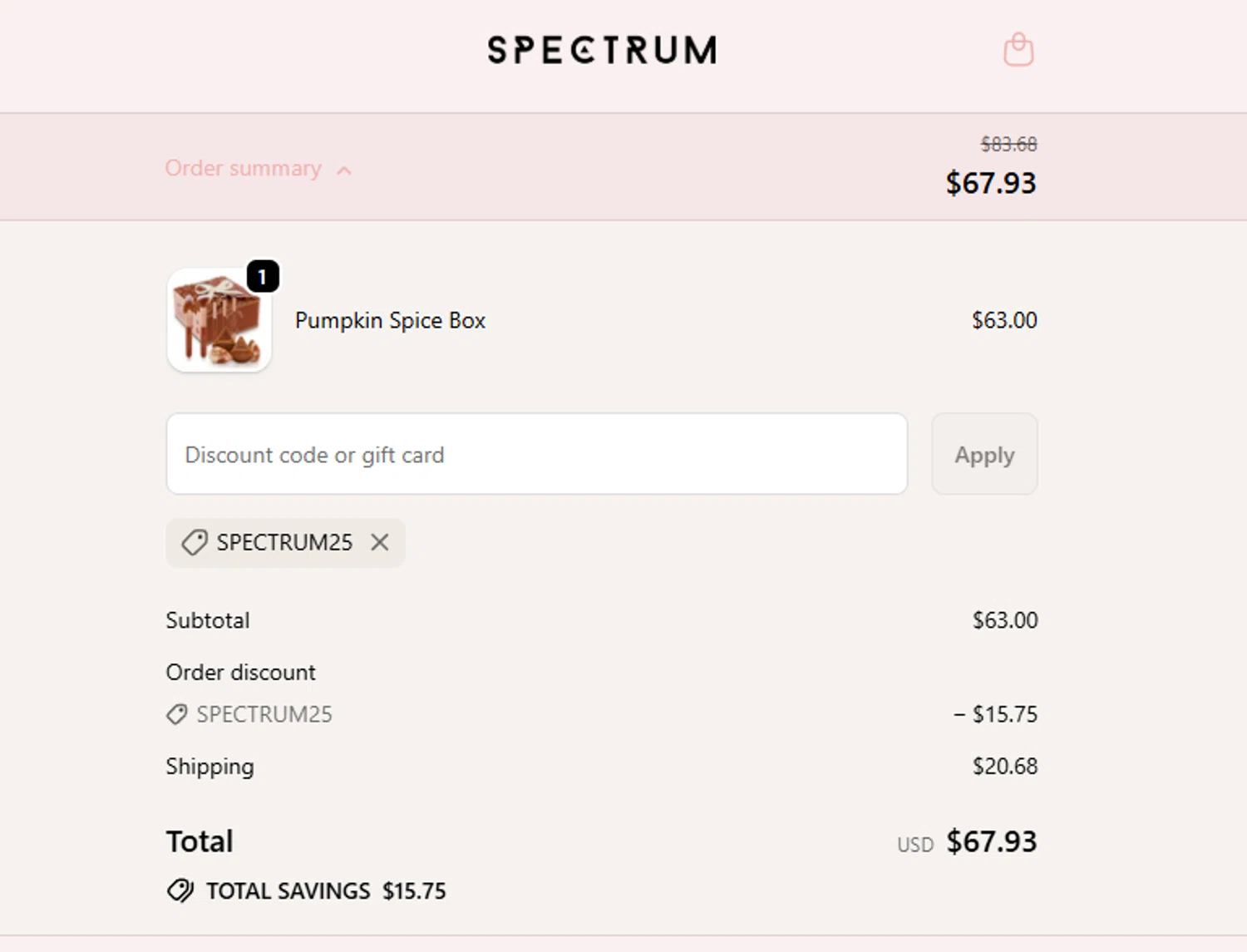 Spectrum Collections promo code screenshot showing code SPECTRUM25 applied at Spectrum Collections checkout page. Uploaded by SimplyCodes community member xier22 on Sep 25, 2025