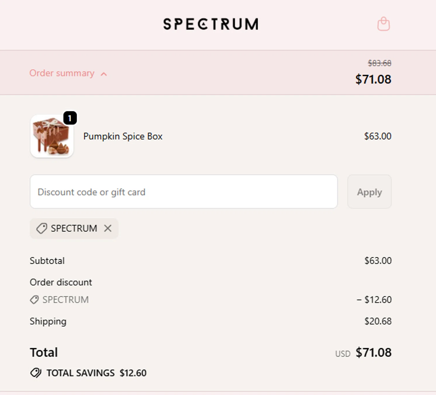 Spectrum Collections promo code screenshot showing code spectrum applied at Spectrum Collections checkout page. Uploaded by SimplyCodes community member xier22 on Sep 25, 2025